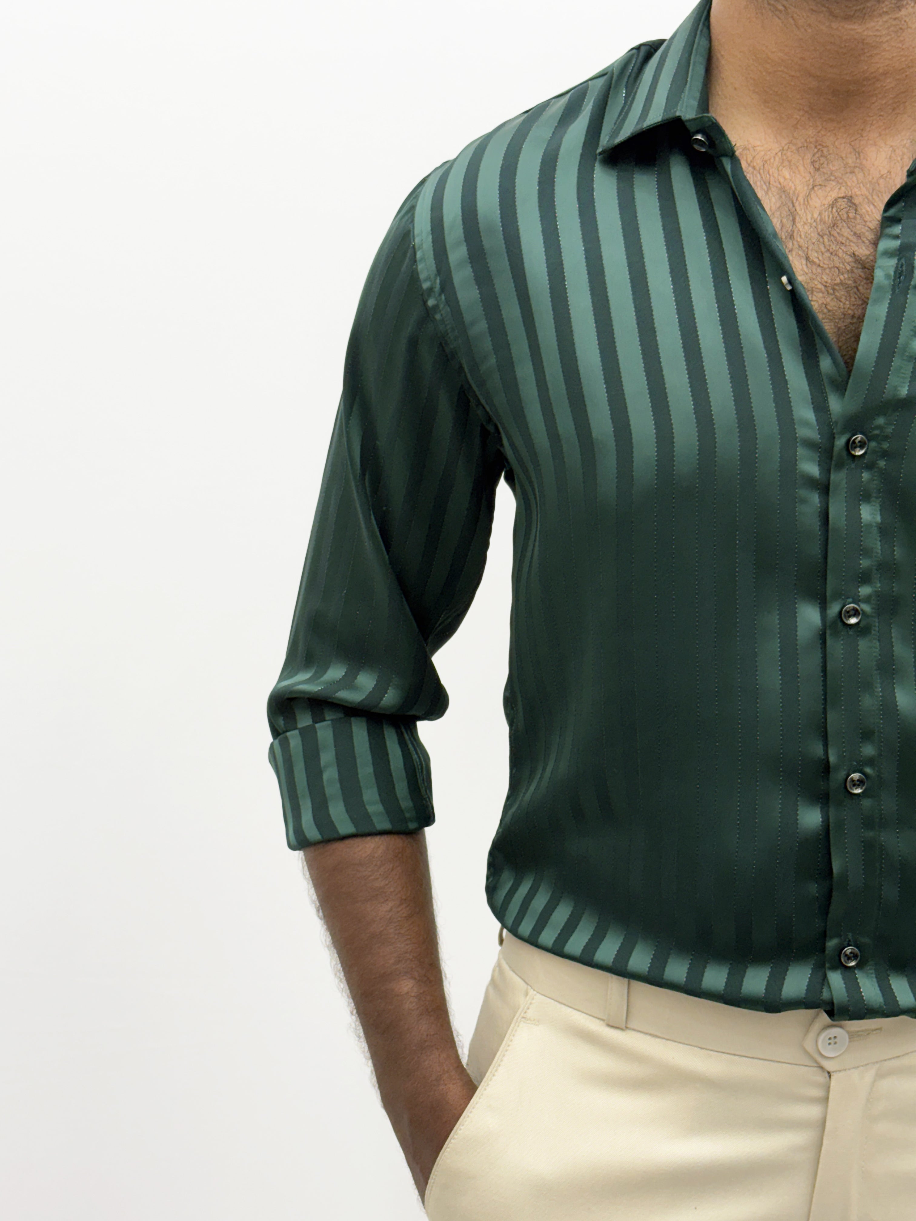 Green Designer Self Stripe Shirt
