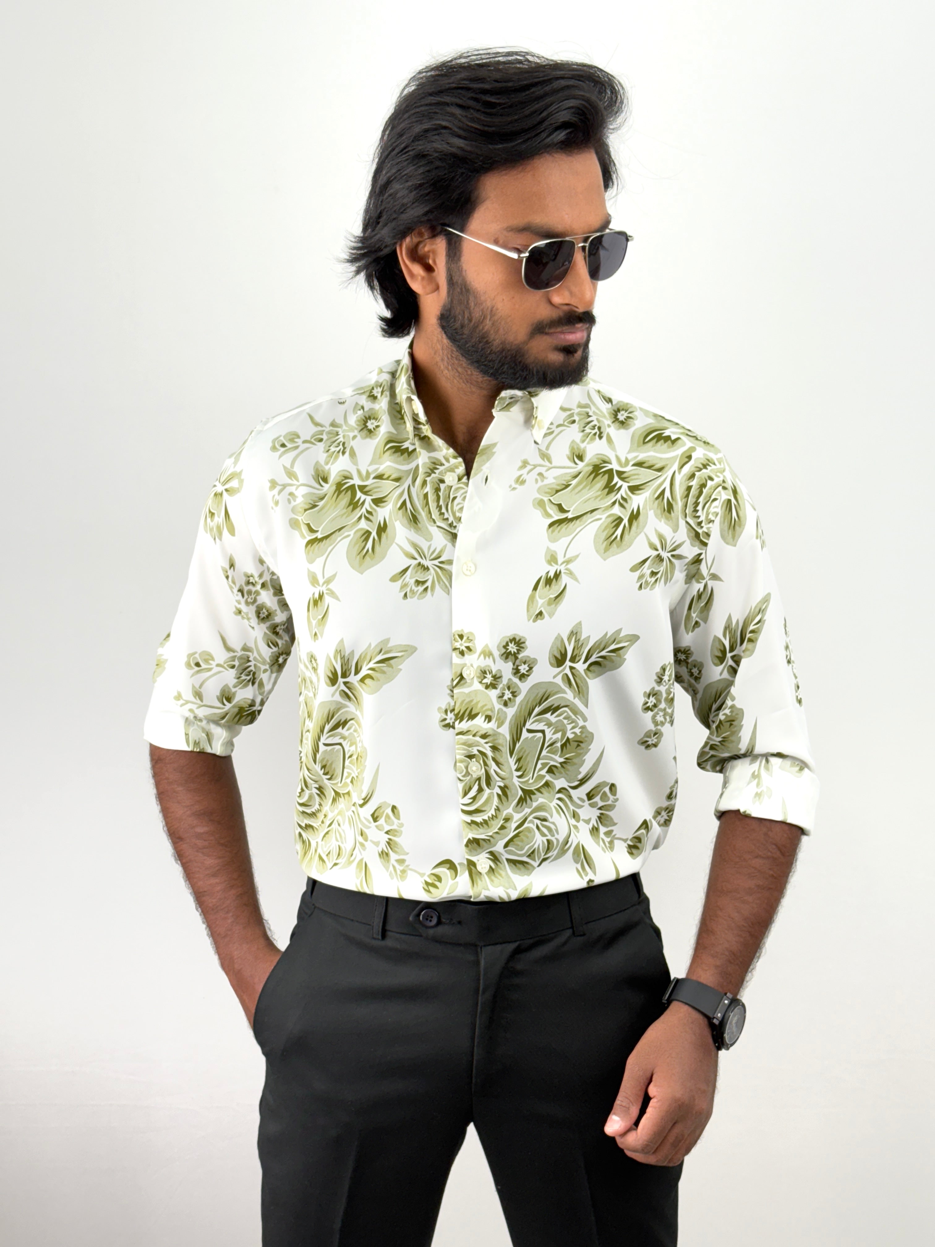 Green White Retro Printed Shirt