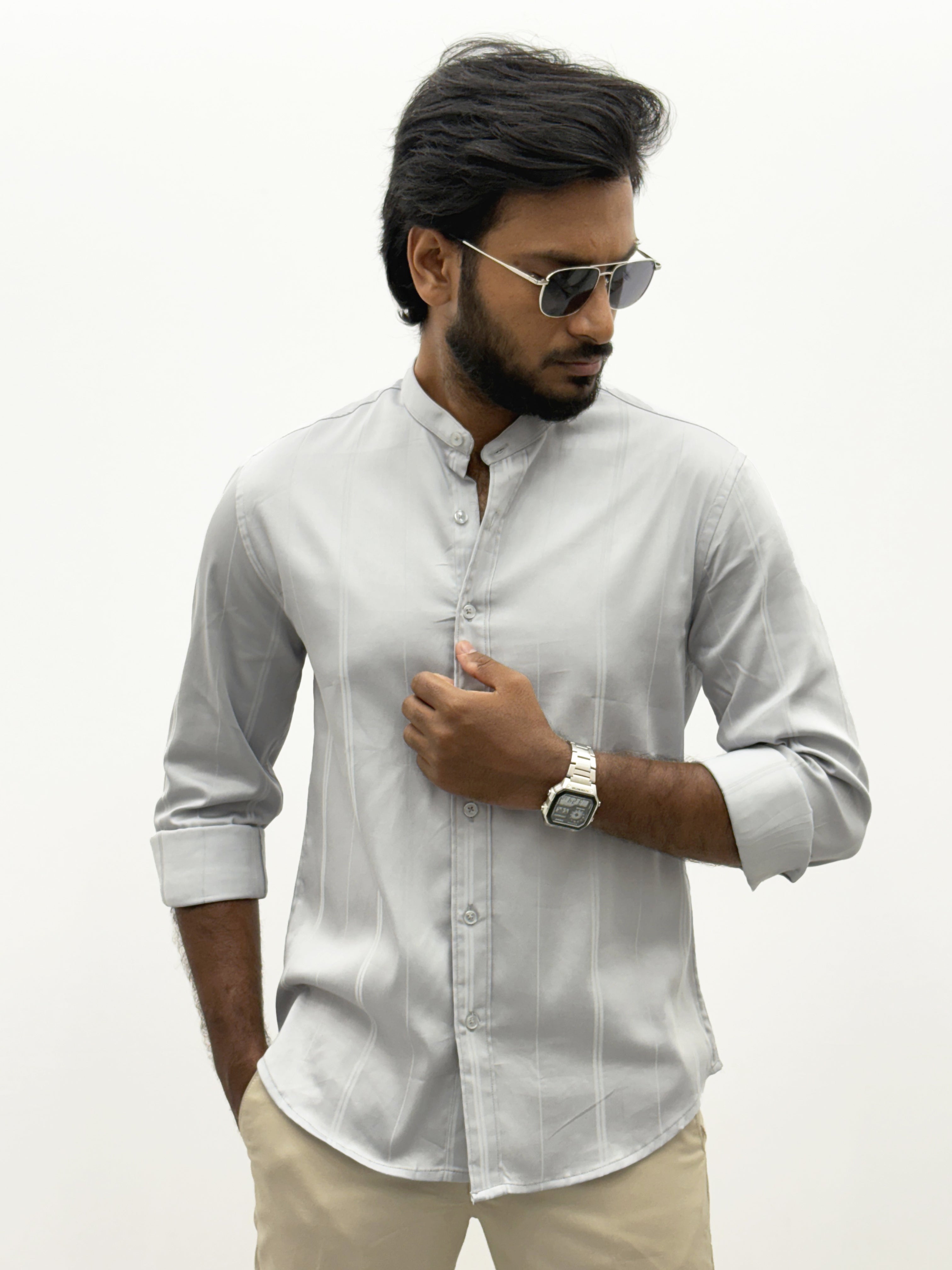 Light Grey Mandrian Collar Shirt