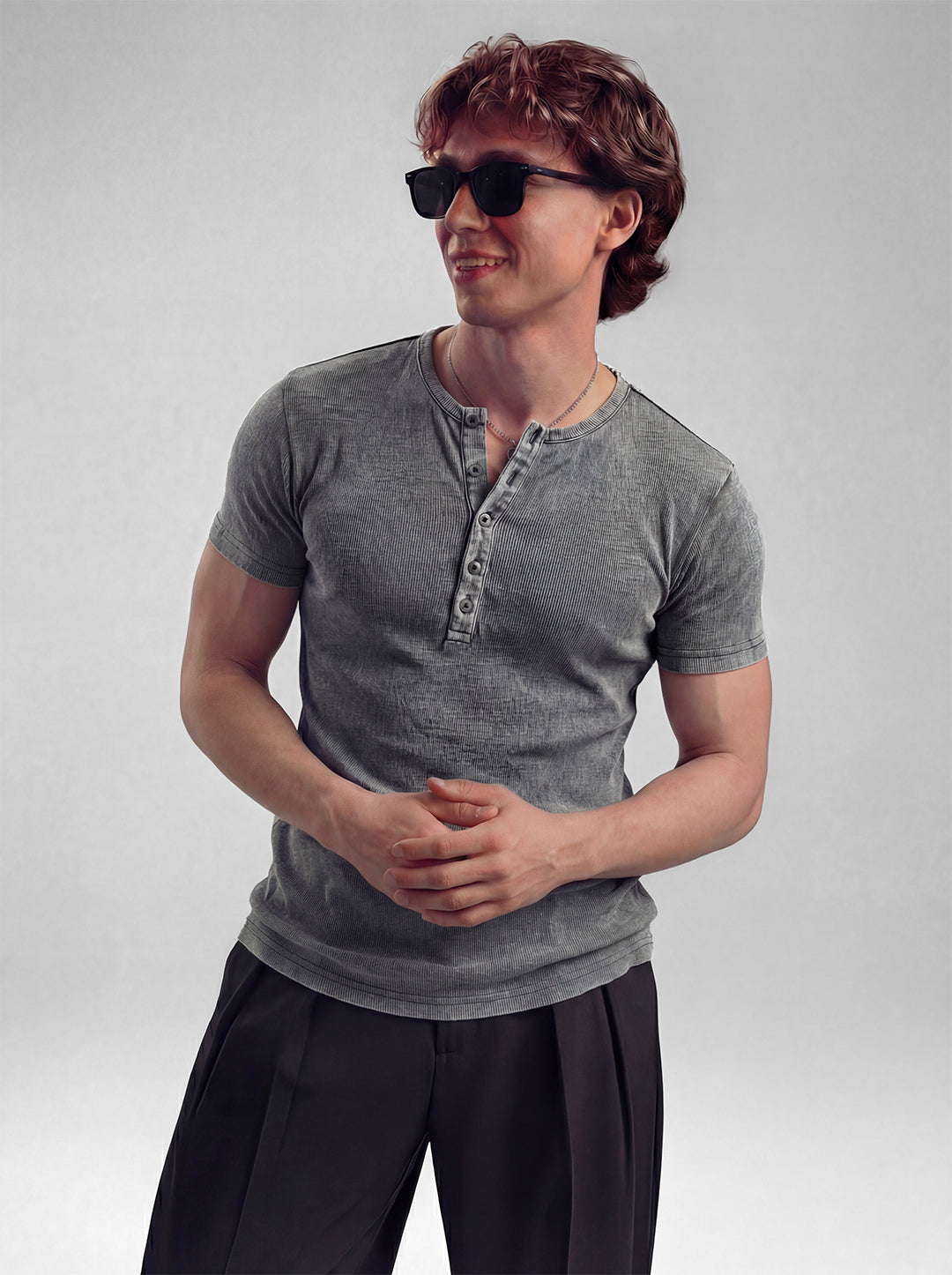 Acid Washed Ribbed Henley Short Sleeves T-Shirt