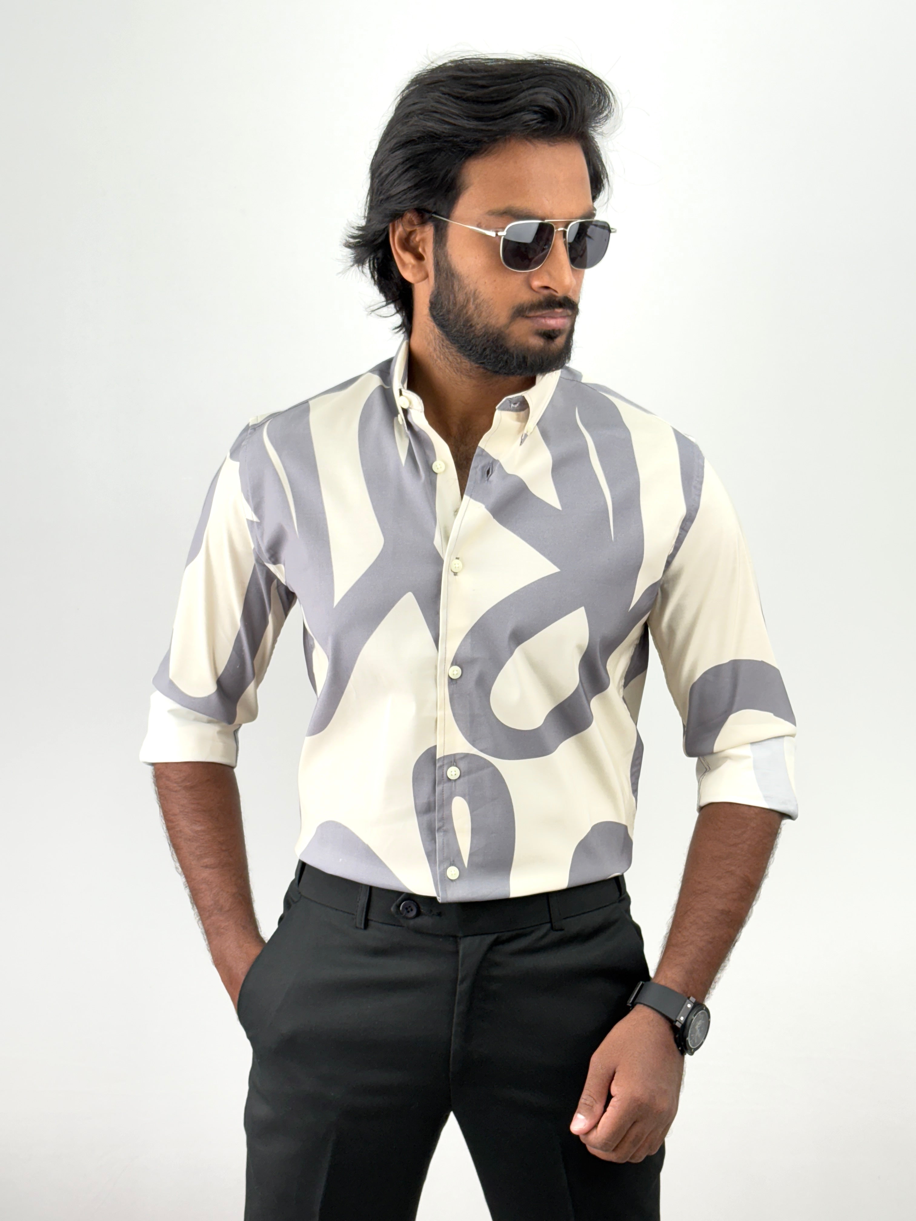 Grey Beige Retro Printed Shirt