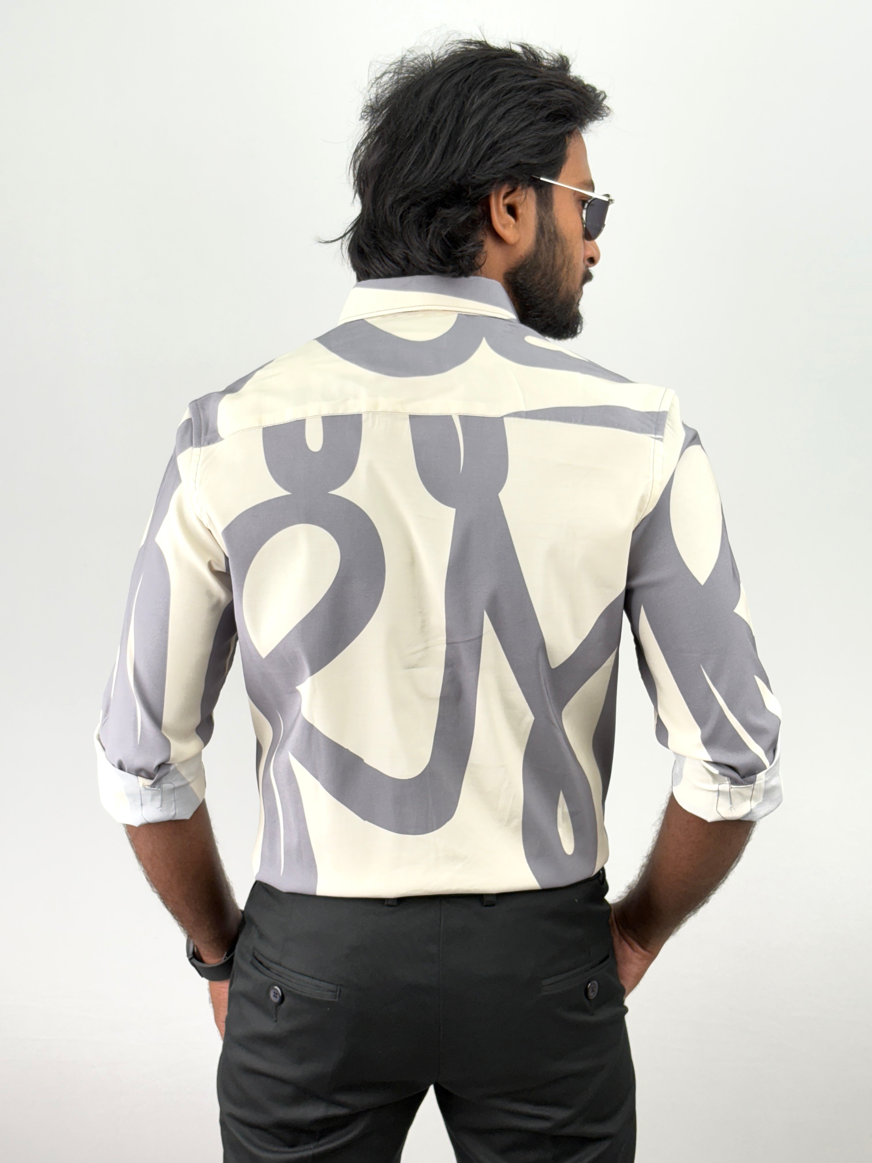 Grey Beige Retro Printed Shirt