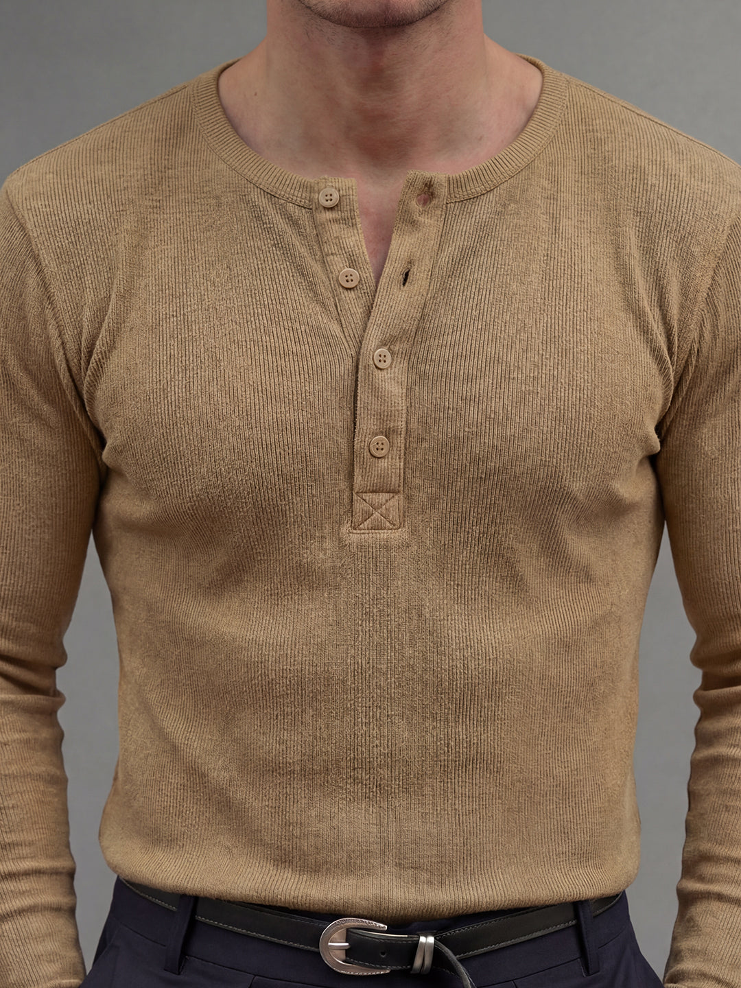 Beige Ribbed Henley Long Sleeve T-Shirt