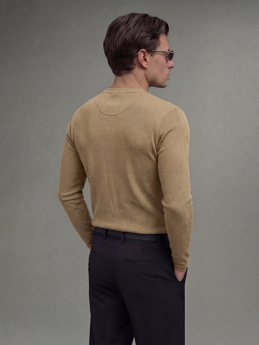 Beige Ribbed Henley Long Sleeve T-Shirt