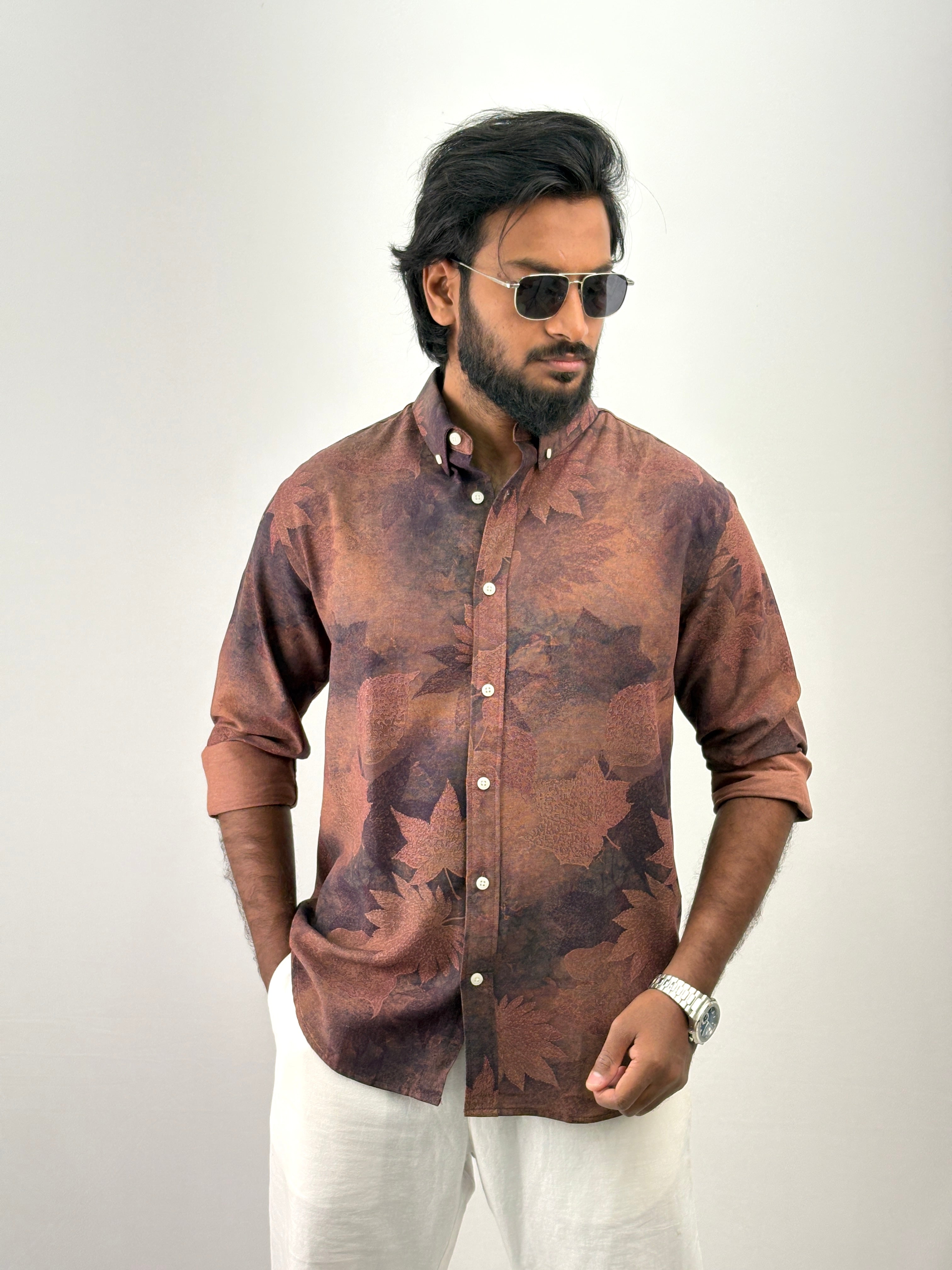 Light Brown Linen Printed Shirt
