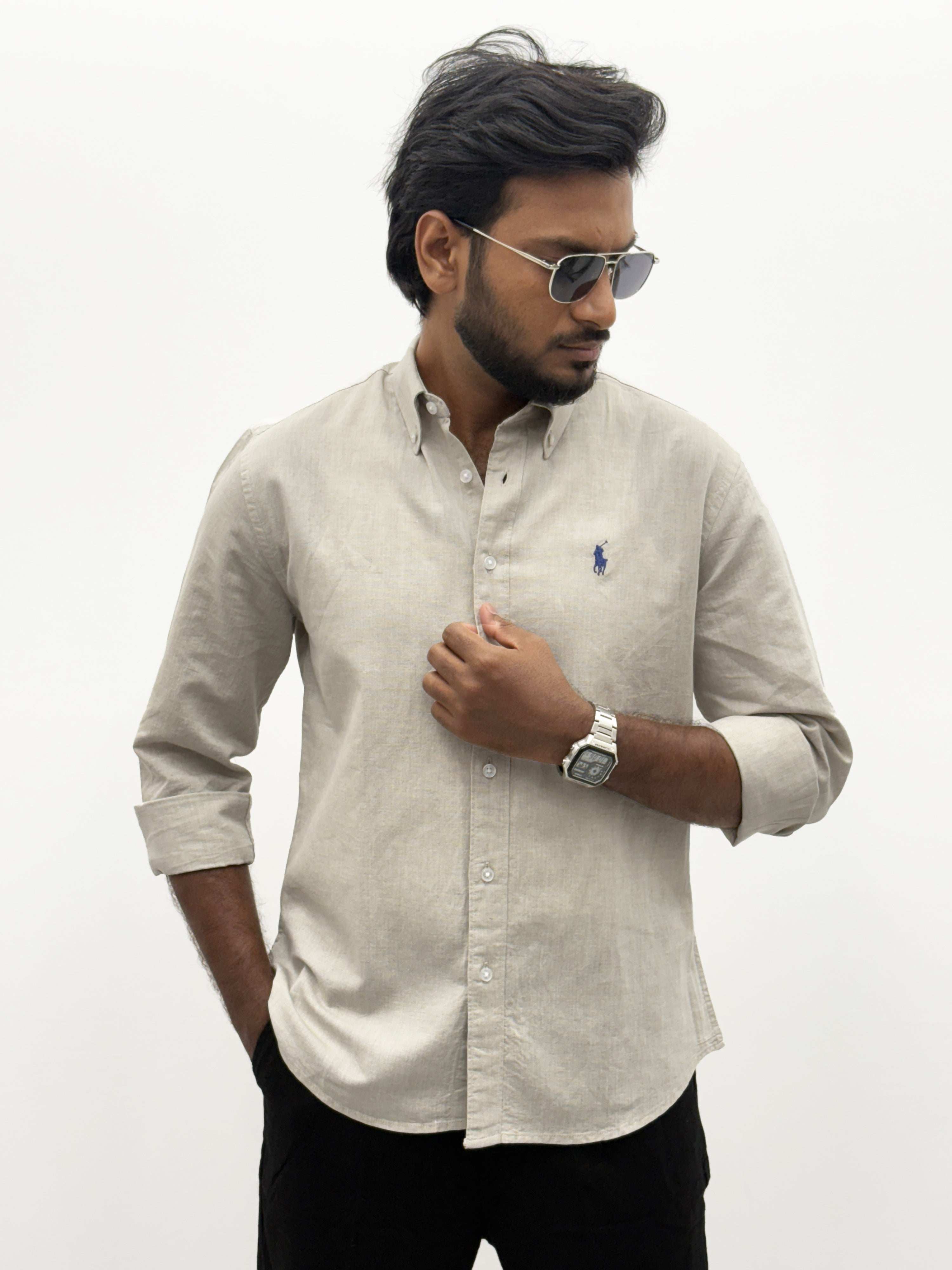 Light Beige Plain Linen Shirt