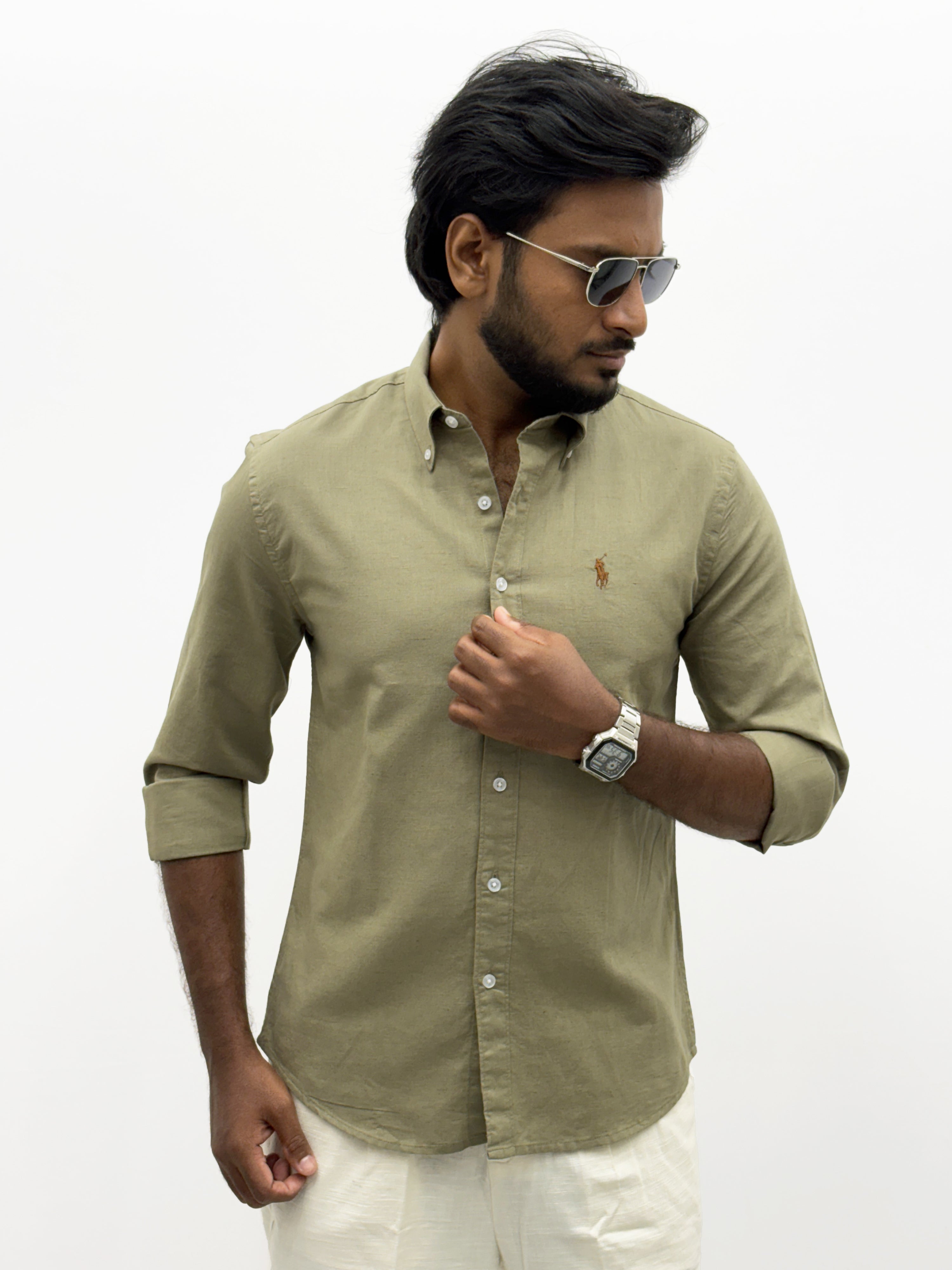 Light Olive Plain Linen Shirt