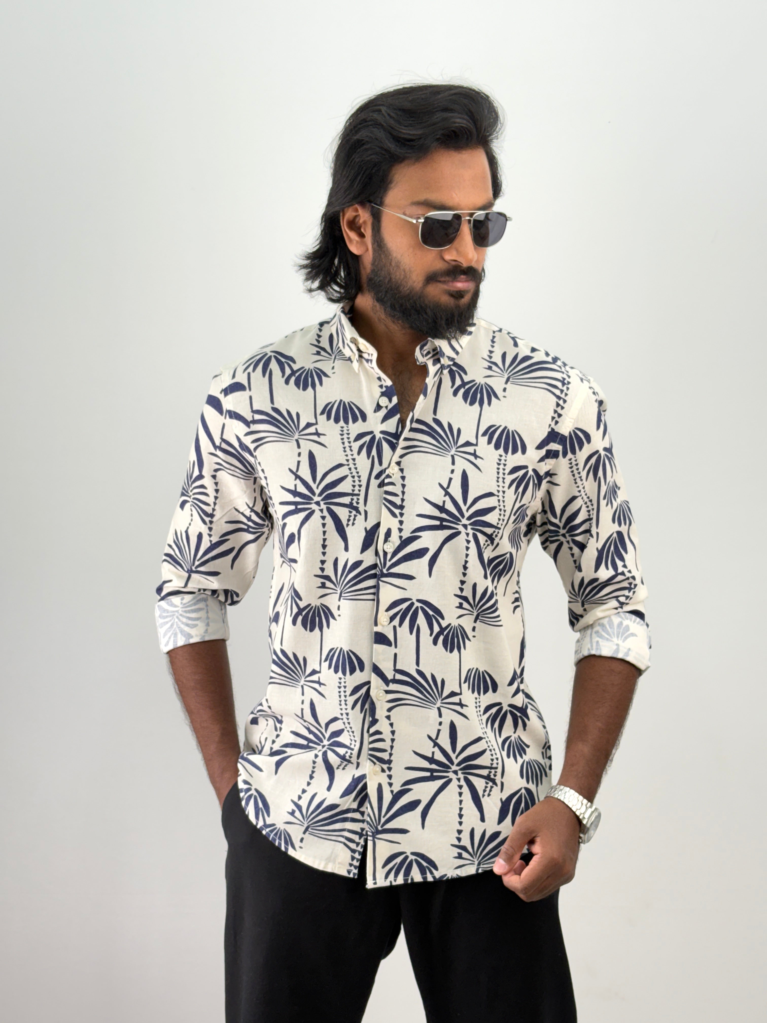 Navy Linen Printed Shirt