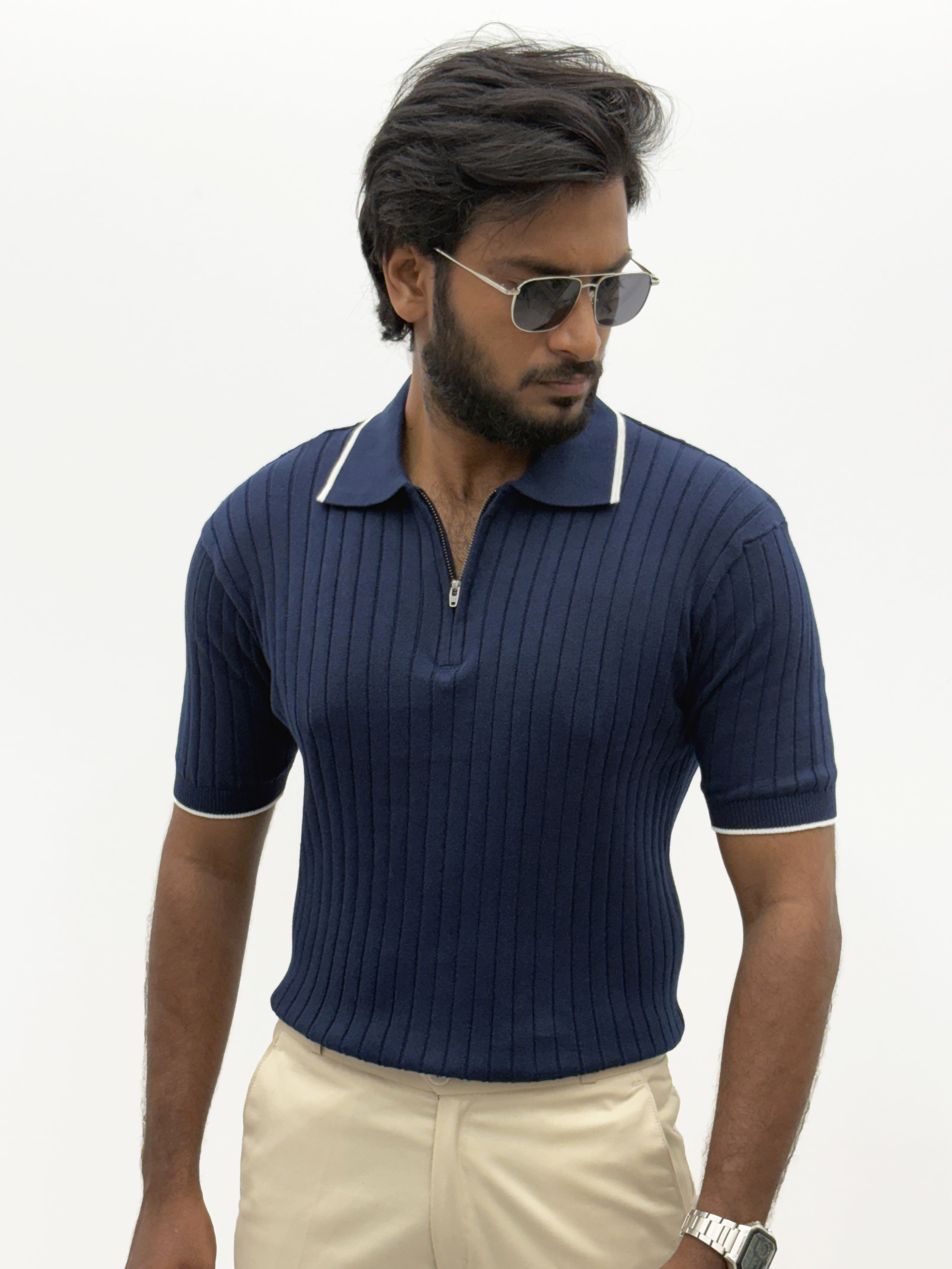 Navy Textured Polo T-Shirt