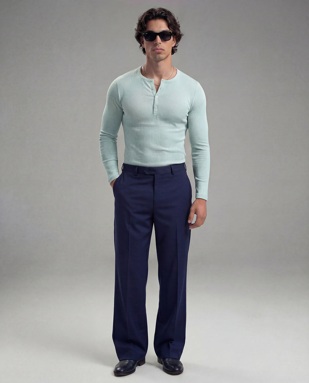 Pastel Mint Ribbed Henley Long Sleeve T-Shirt