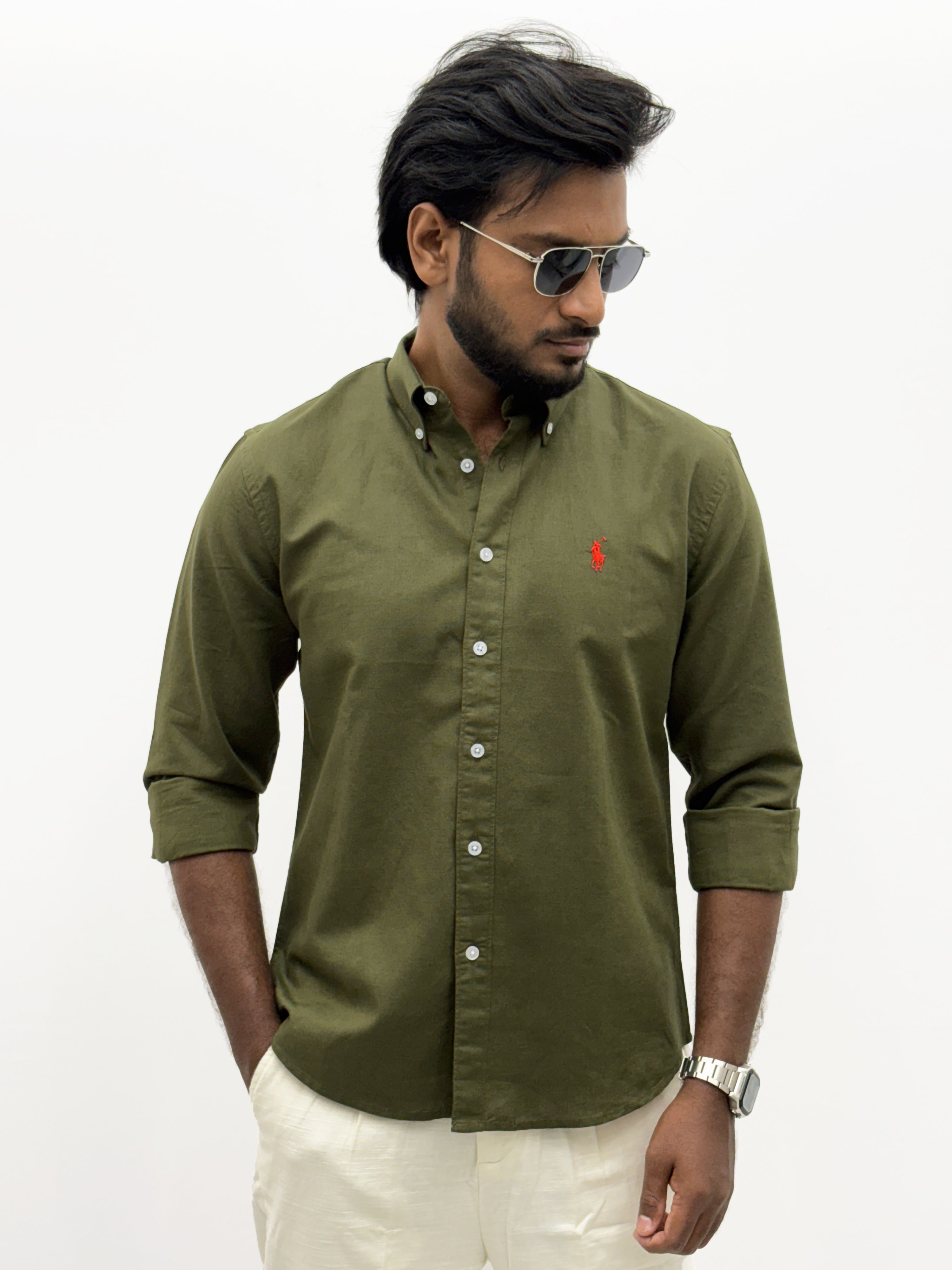 Dark Olive Plain Linen Shirt