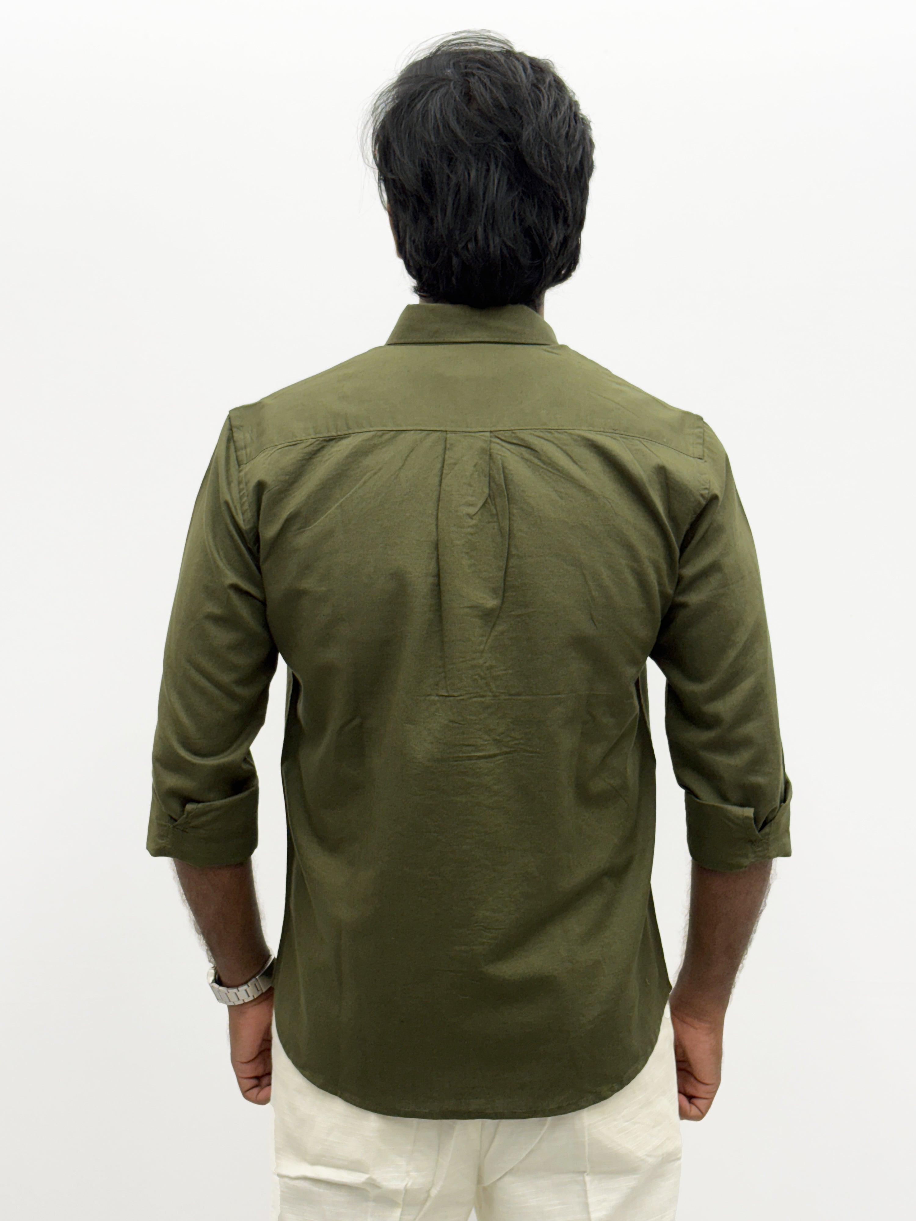 Dark Olive Plain Linen Shirt
