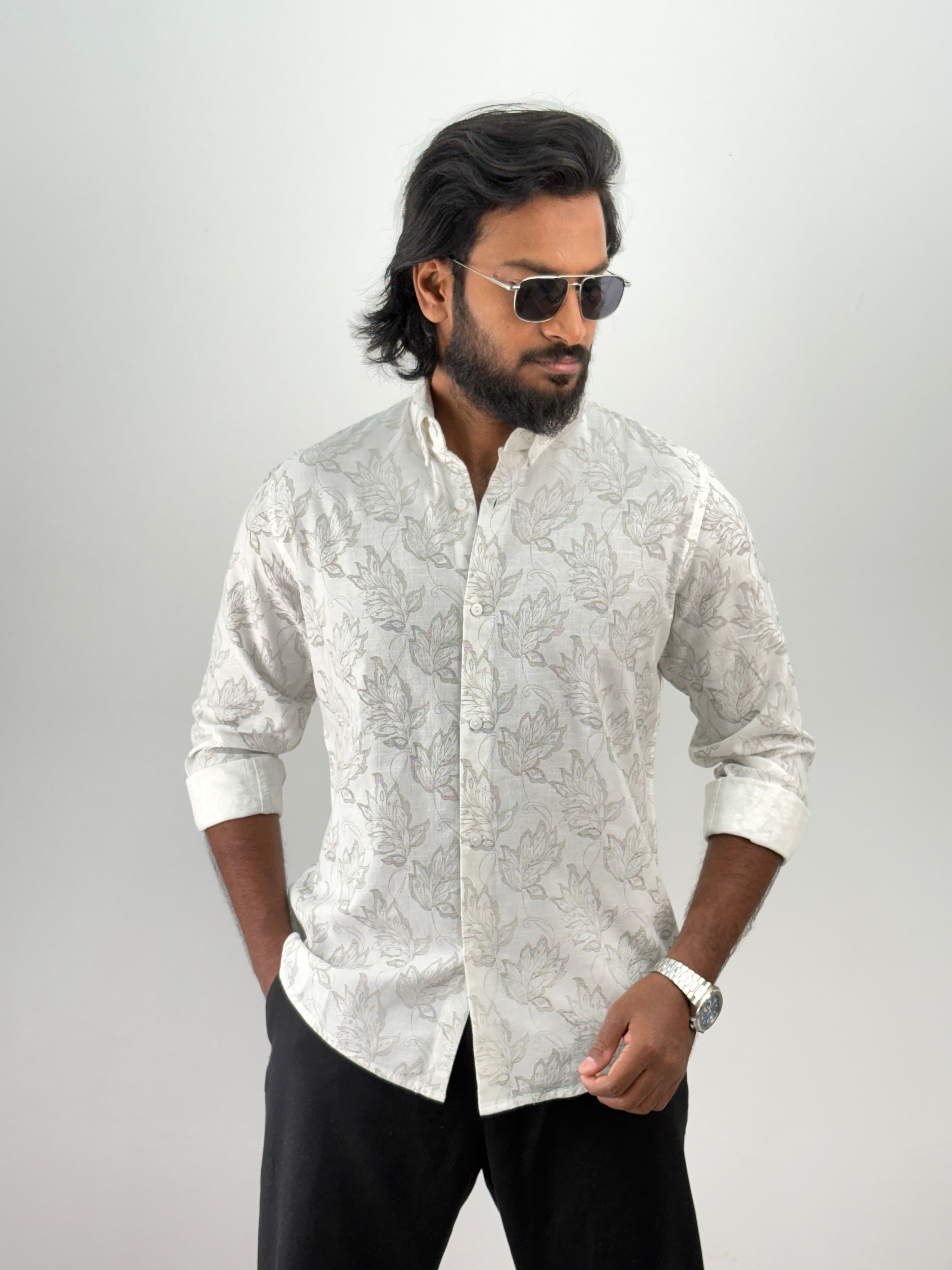 White Linen Printed Shirt