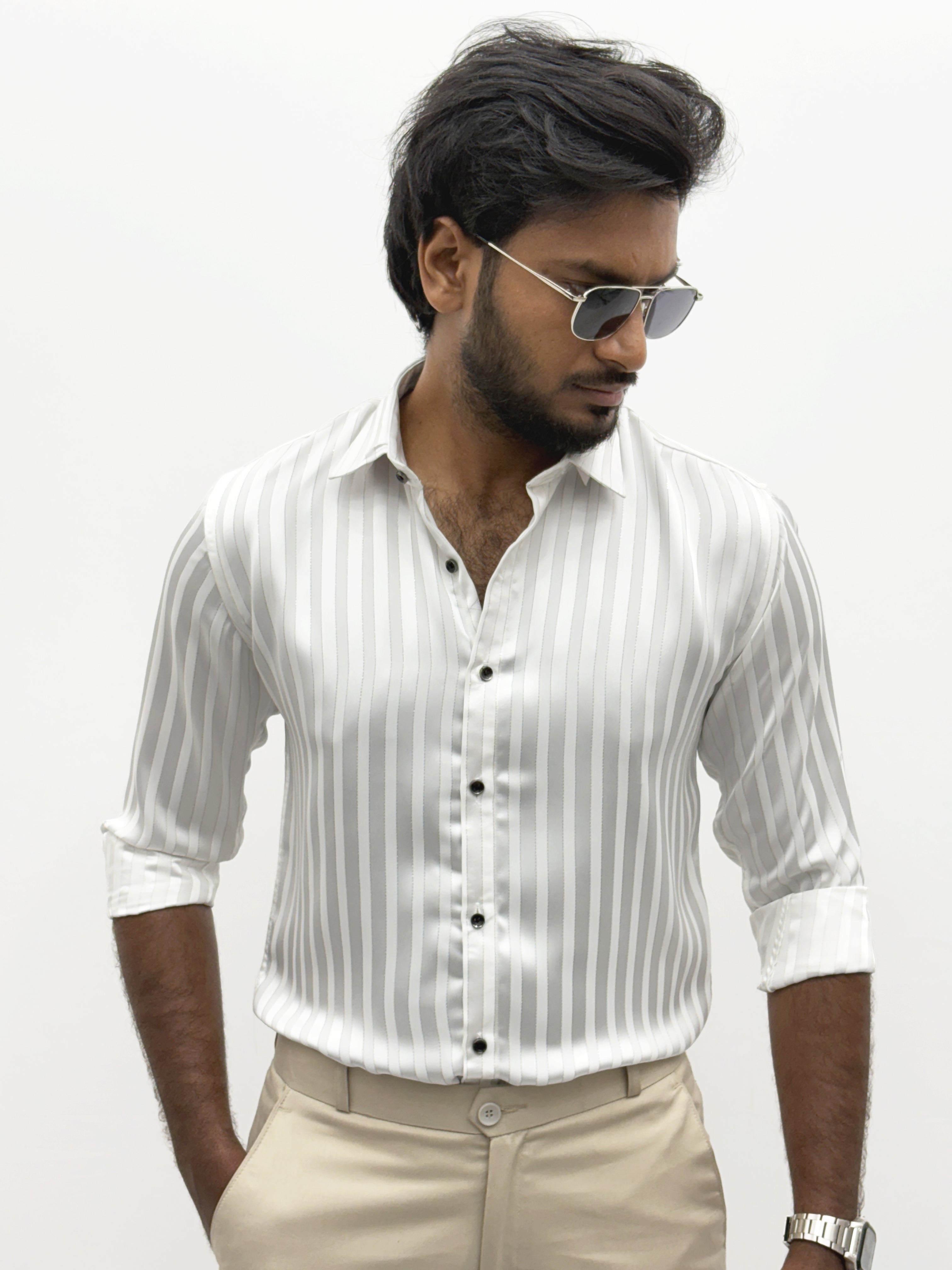 White Designer Self Stripe Shirt
