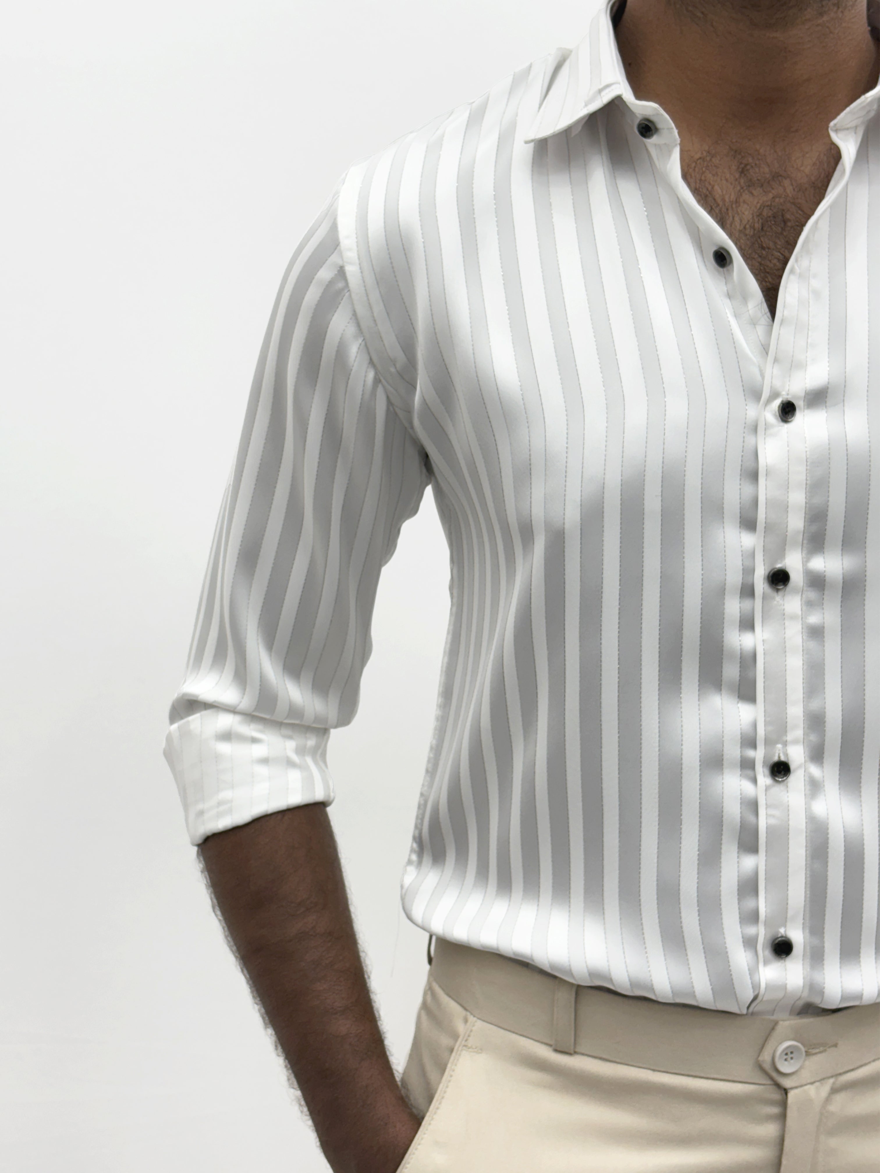 White Designer Self Stripe Shirt