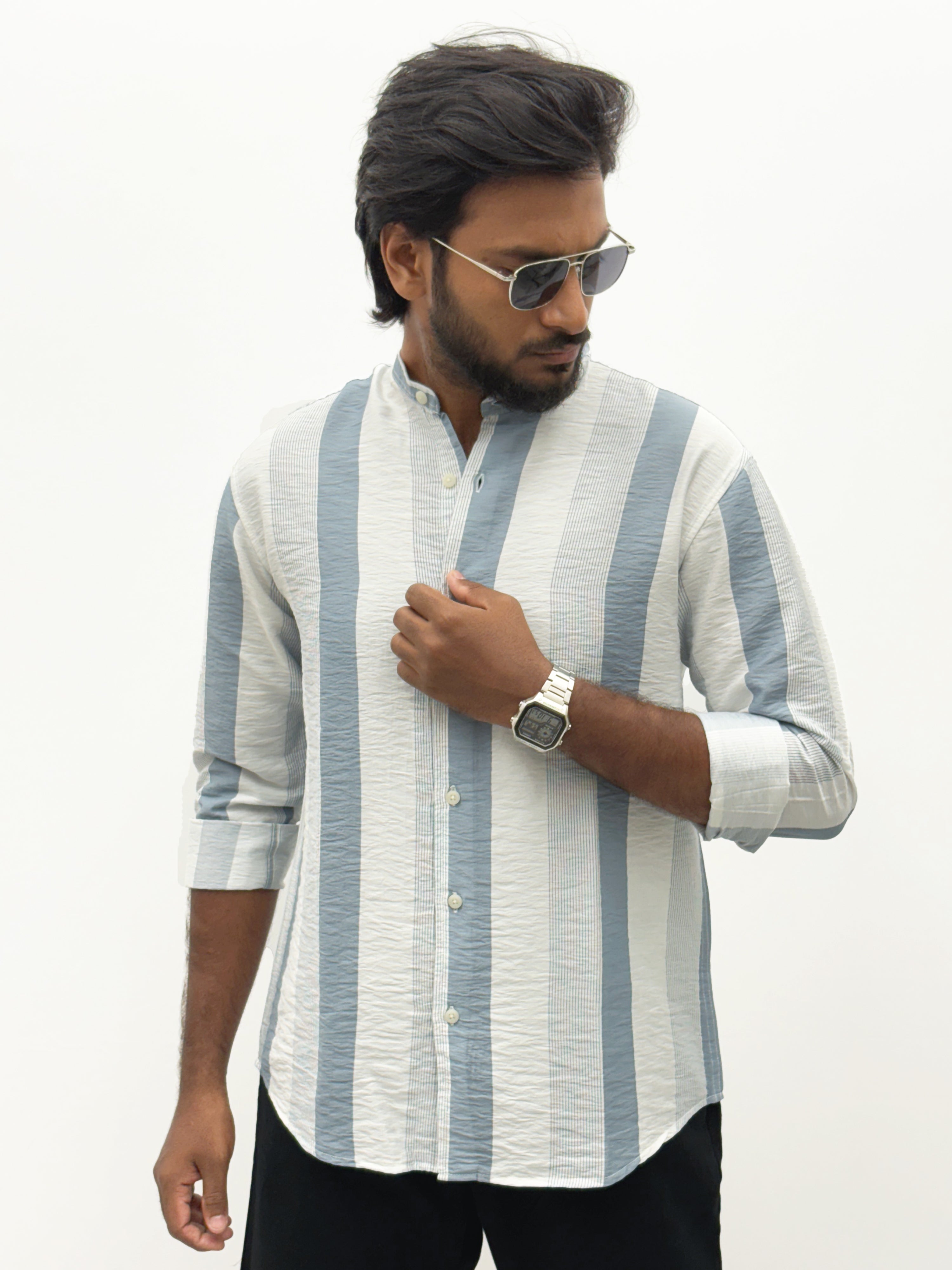 Blue White Mandrian Collar Stripe Shirt