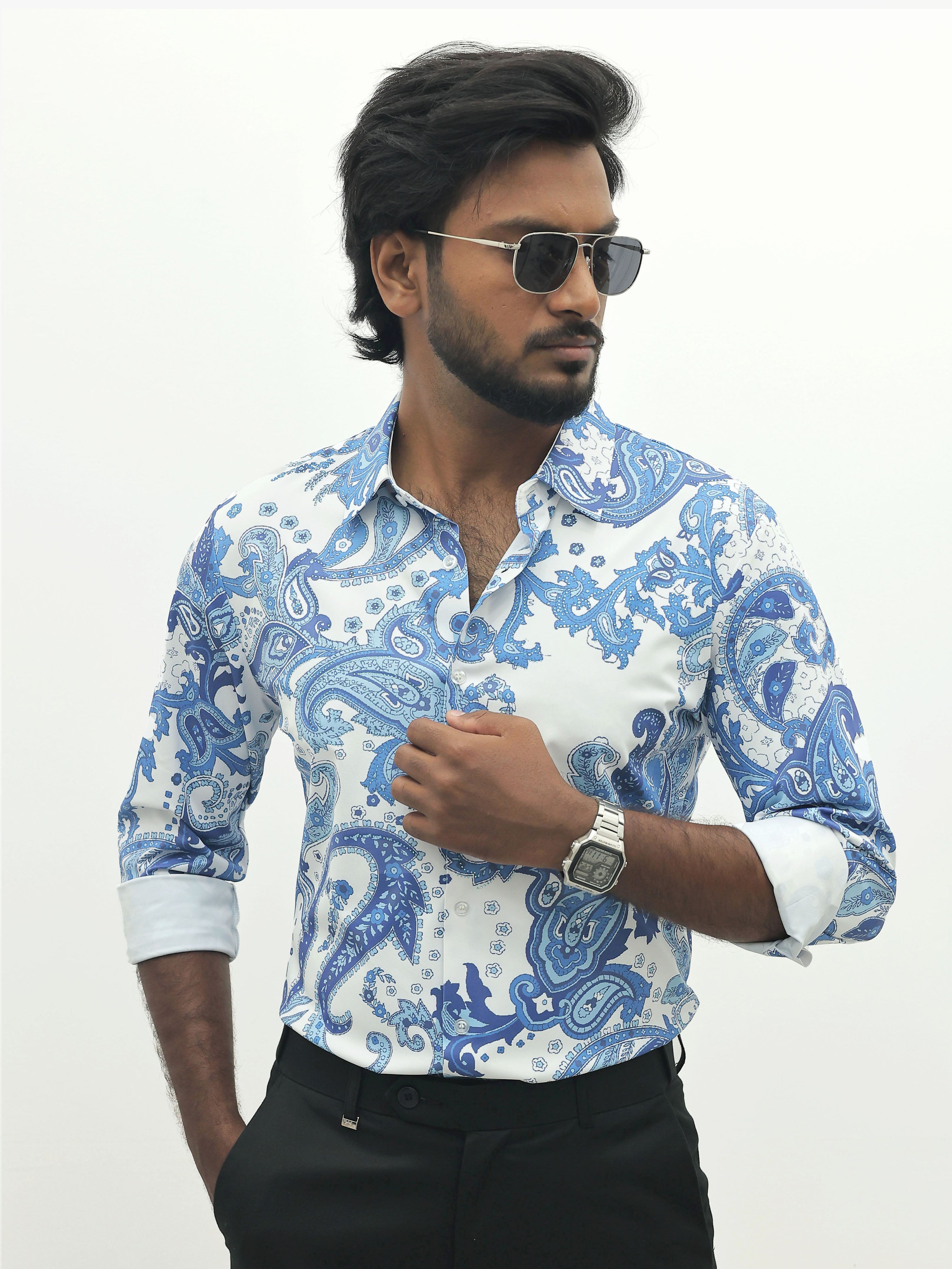 White Blue IMP Designer Stone Work Shirt