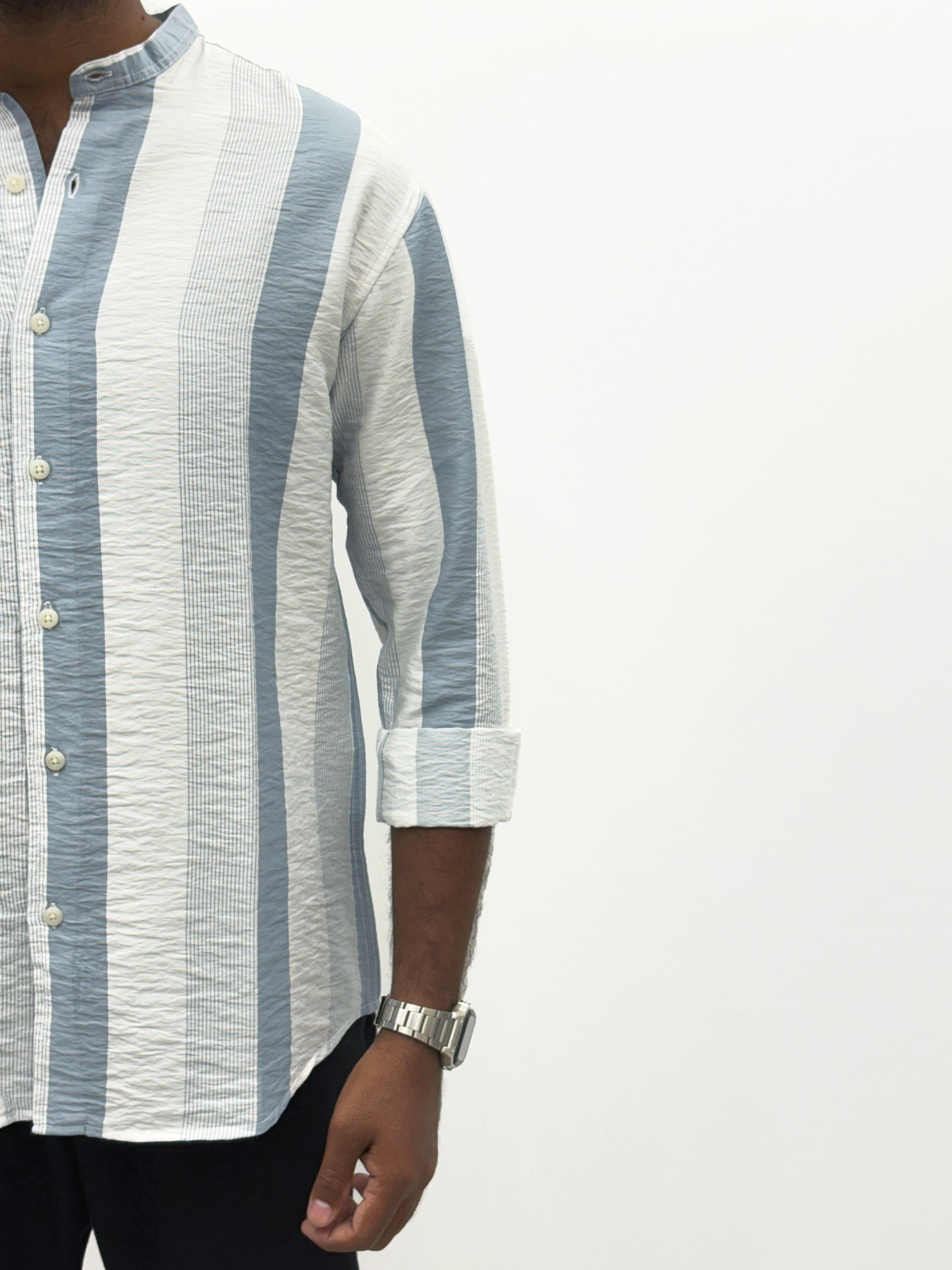 Blue White Mandrian Collar Stripe Shirt