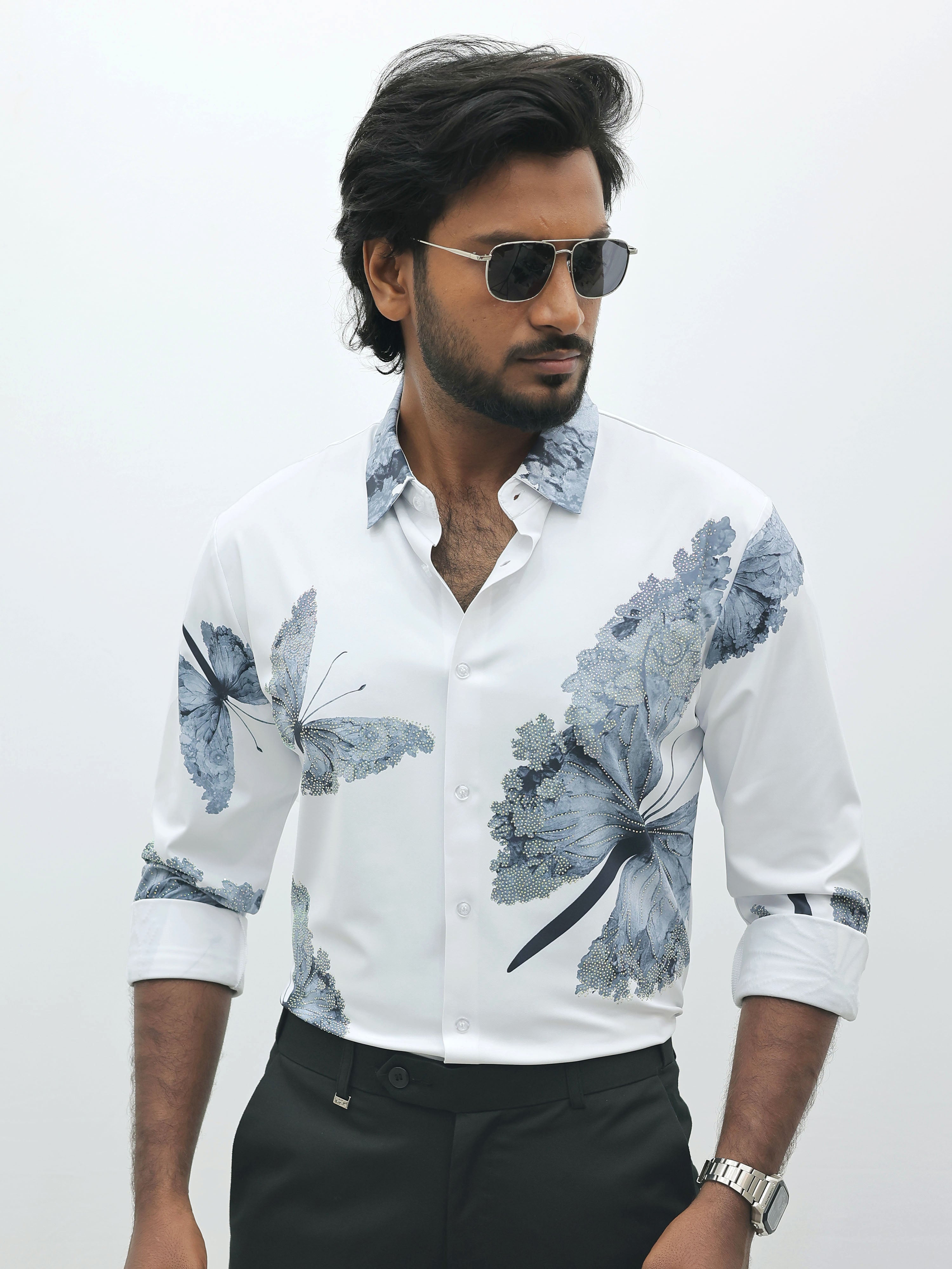 White Butterfly IMP Designer Stone Work Shirt