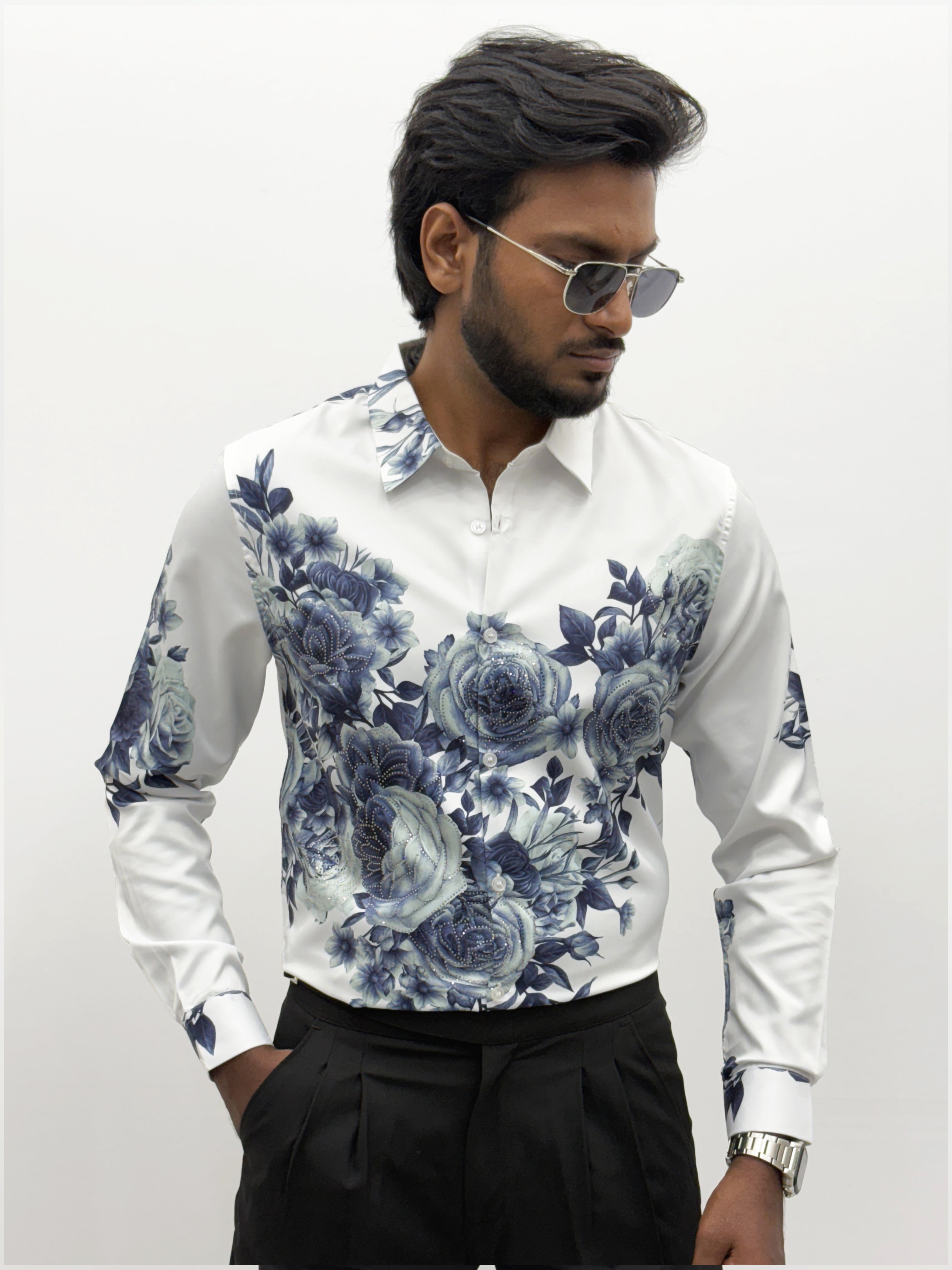 White Floral IMP Designer Stone Work Shirt