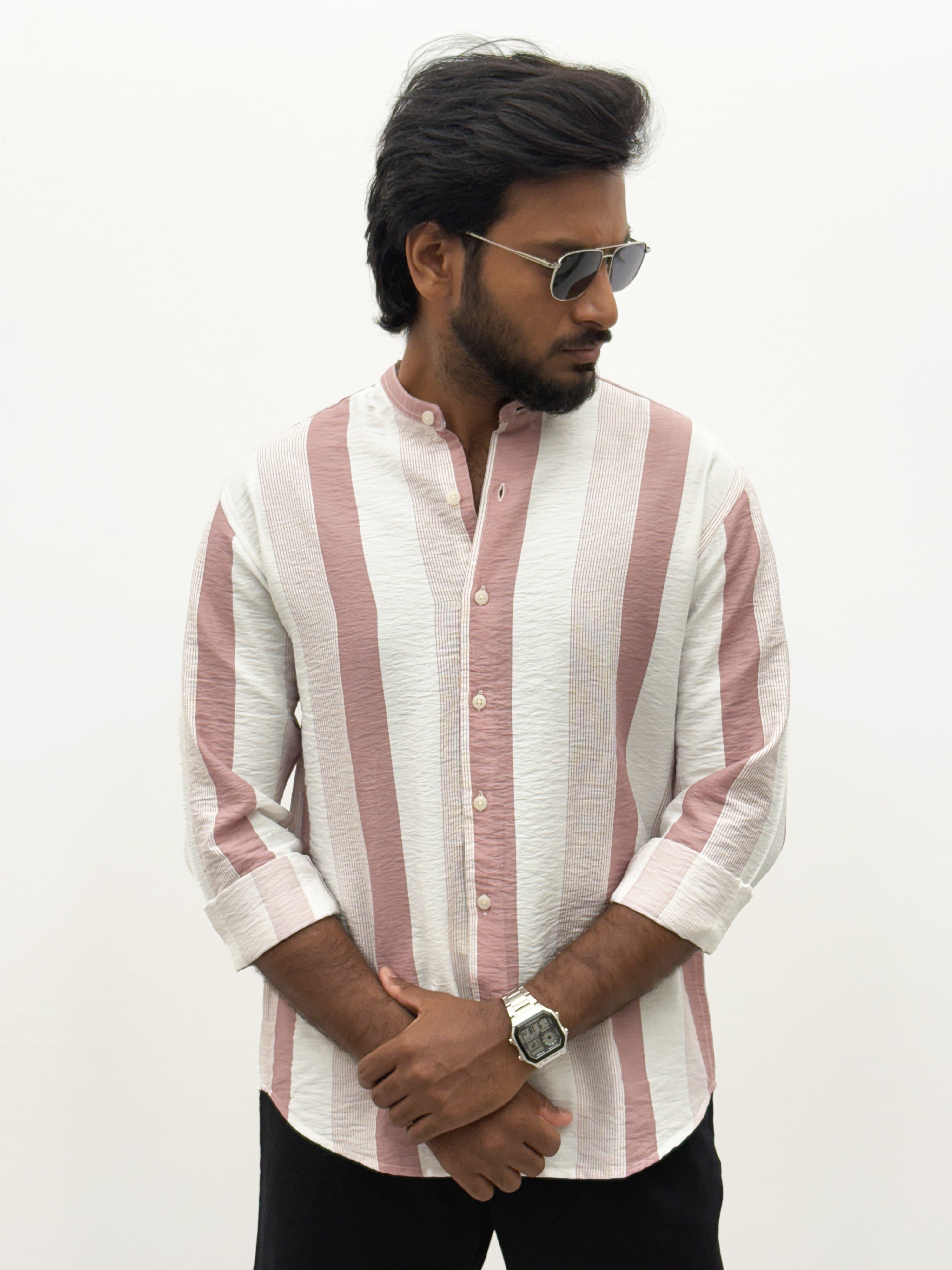 Peach White Mandrian Collar Stripe Shirt