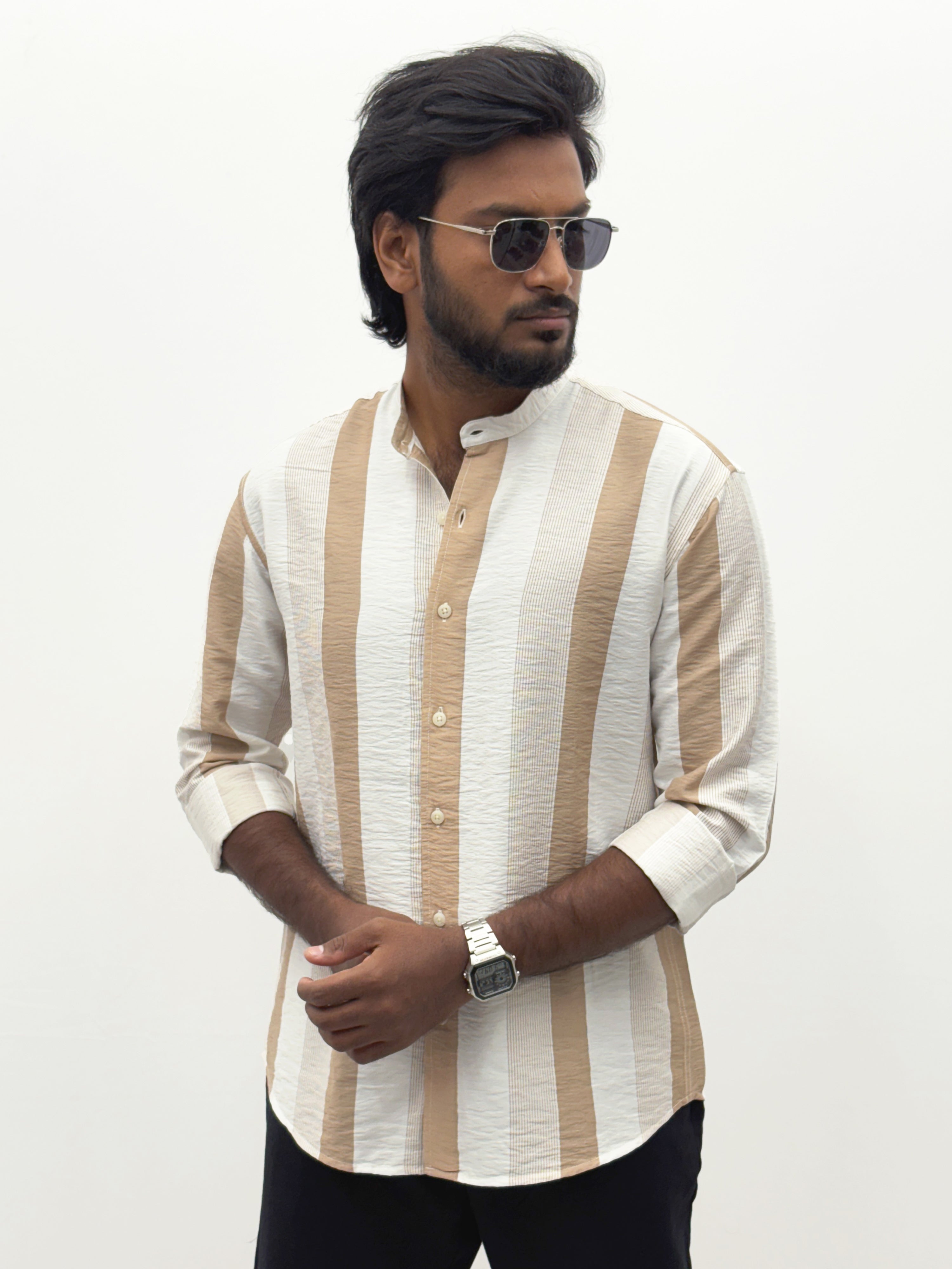 Brown White Mandrian Collar Stripe Shirt