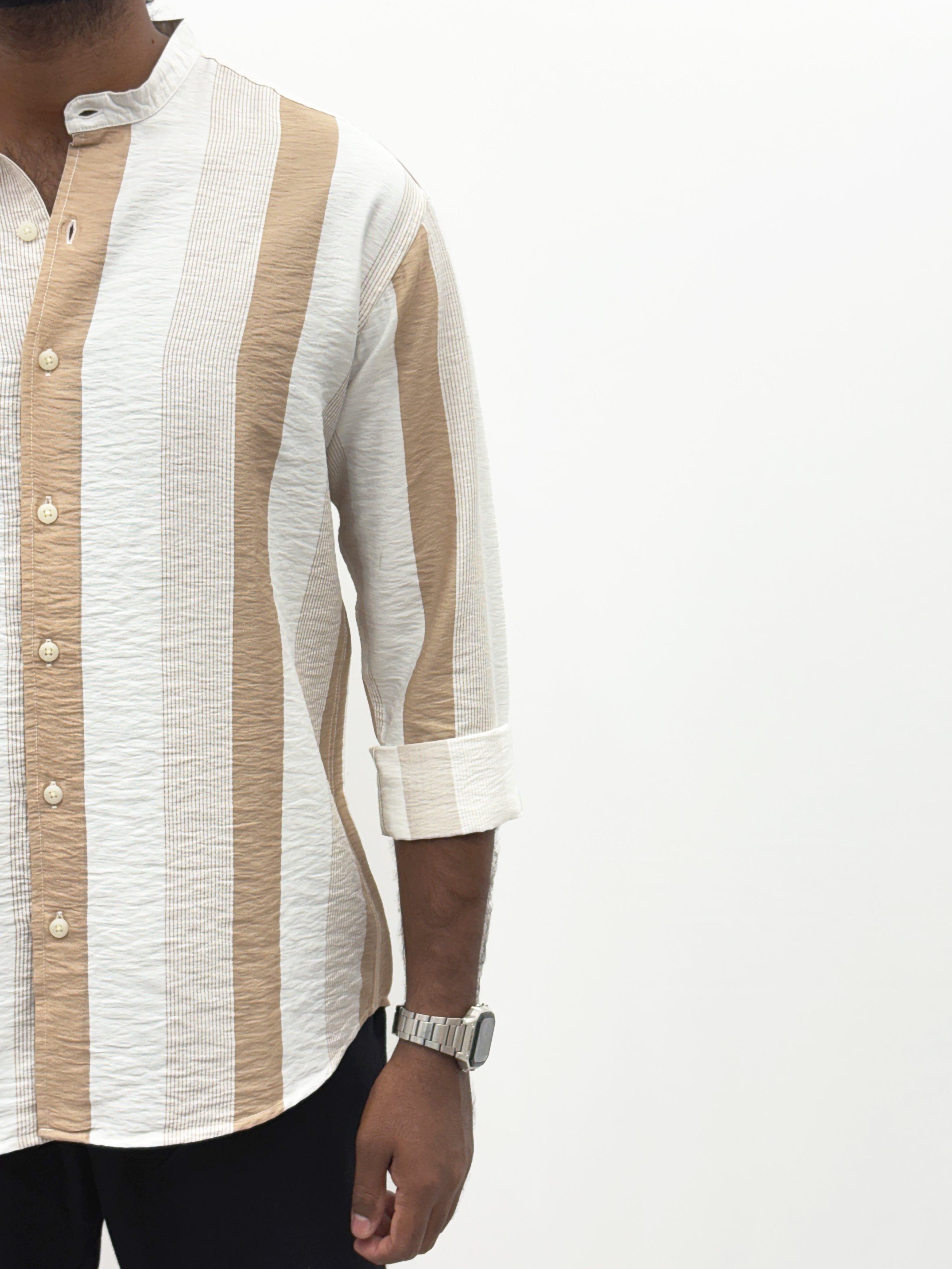 Brown White Mandrian Collar Stripe Shirt