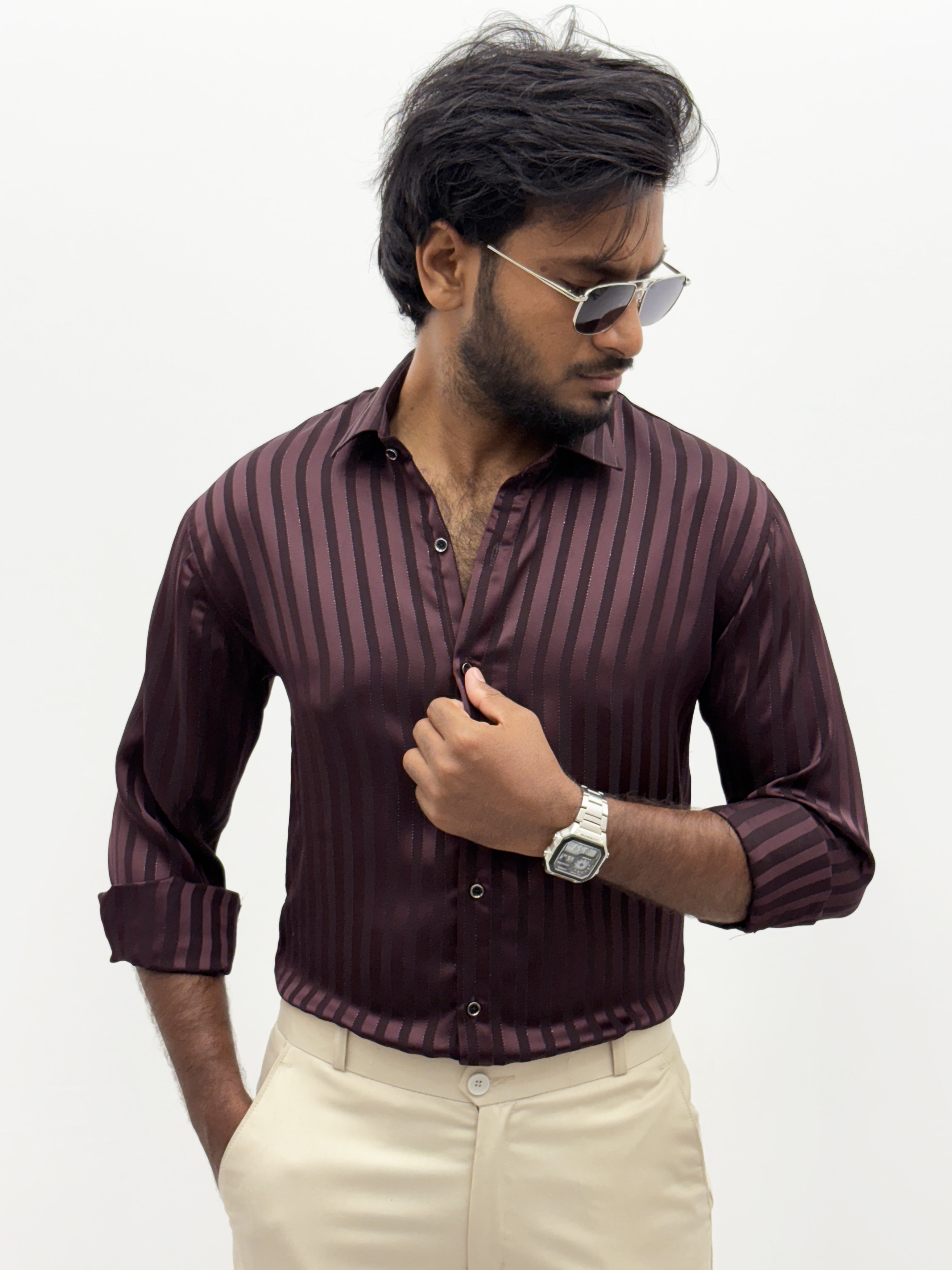 Wine Designer Self Stripe Shirt