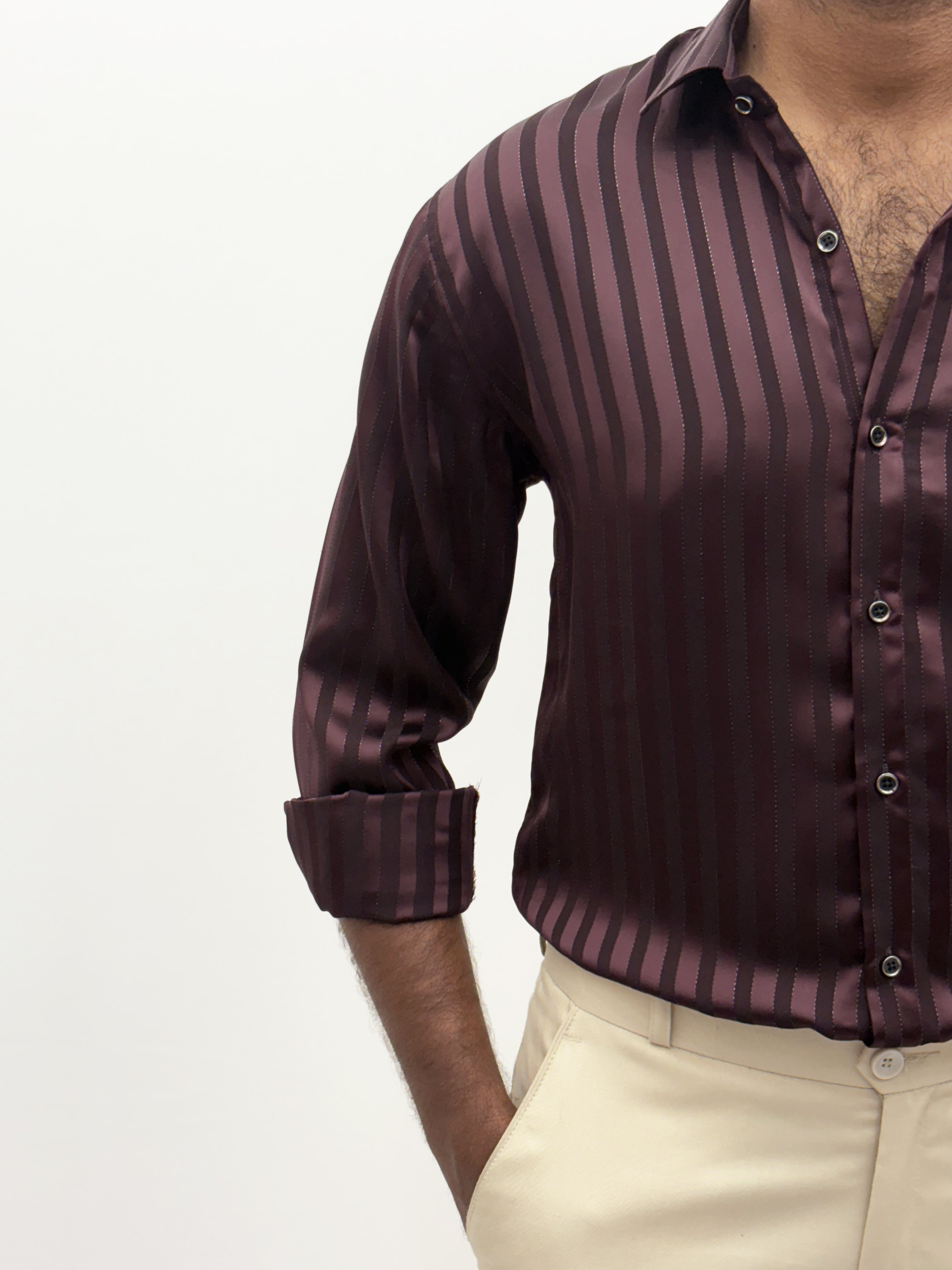 Wine Designer Self Stripe Shirt